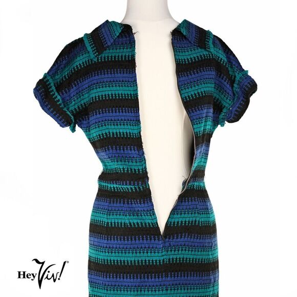 Vintage Fitted Sheath Dress Woven Blue Green Stripe Metal Zip Size M - Hey Viv - Picture 6 of 7